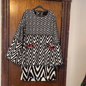 Women’s Black & White Zigzag Tunic Dress with Red Accent